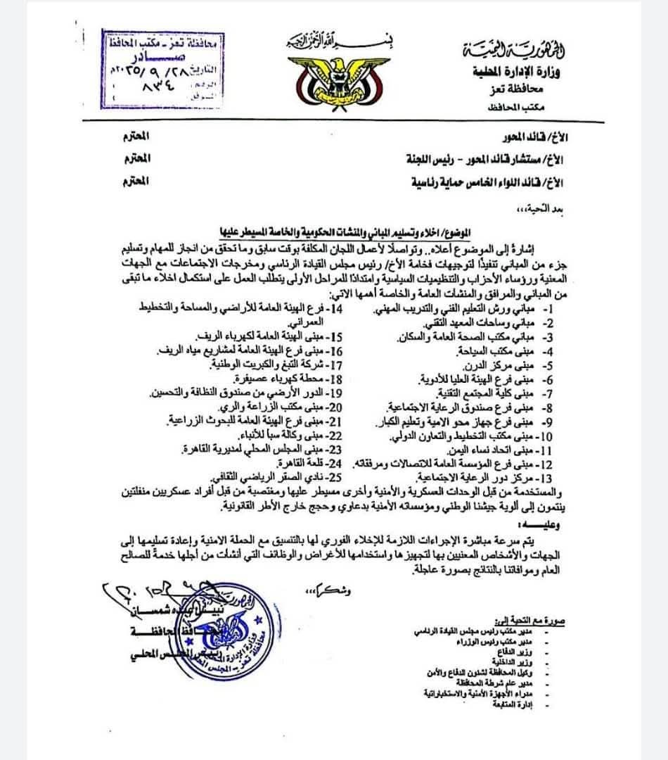 "وثيقة" تكشف عدد المنشآت التي تسيطر عليها الجماعات المسلحة بمدينة تعز منذ عقد من الزمن 2 FB IMG 1759095663289