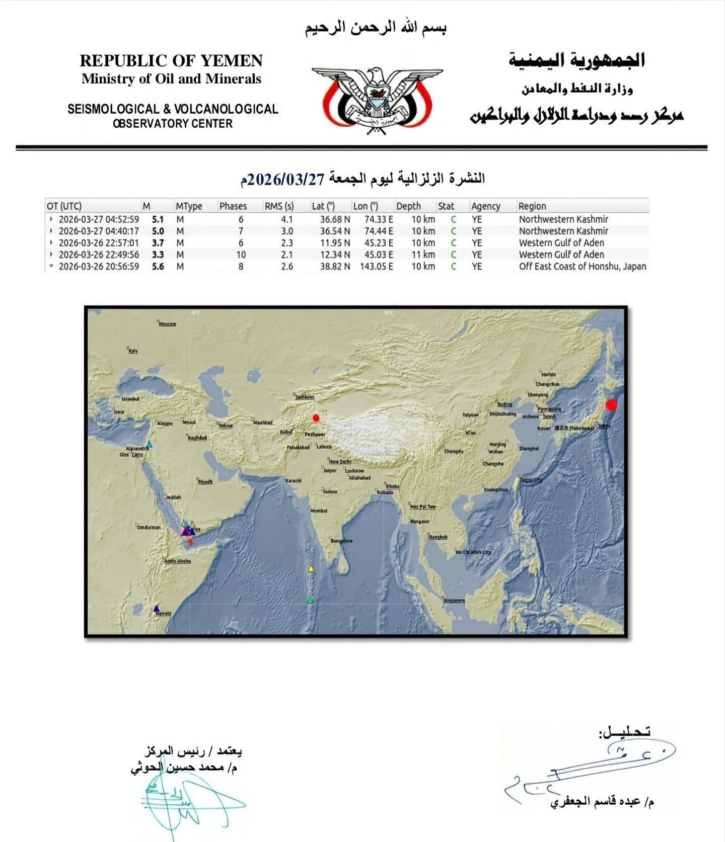 تسجيل هزتين أرضيتين من خليج عدن 2 0461