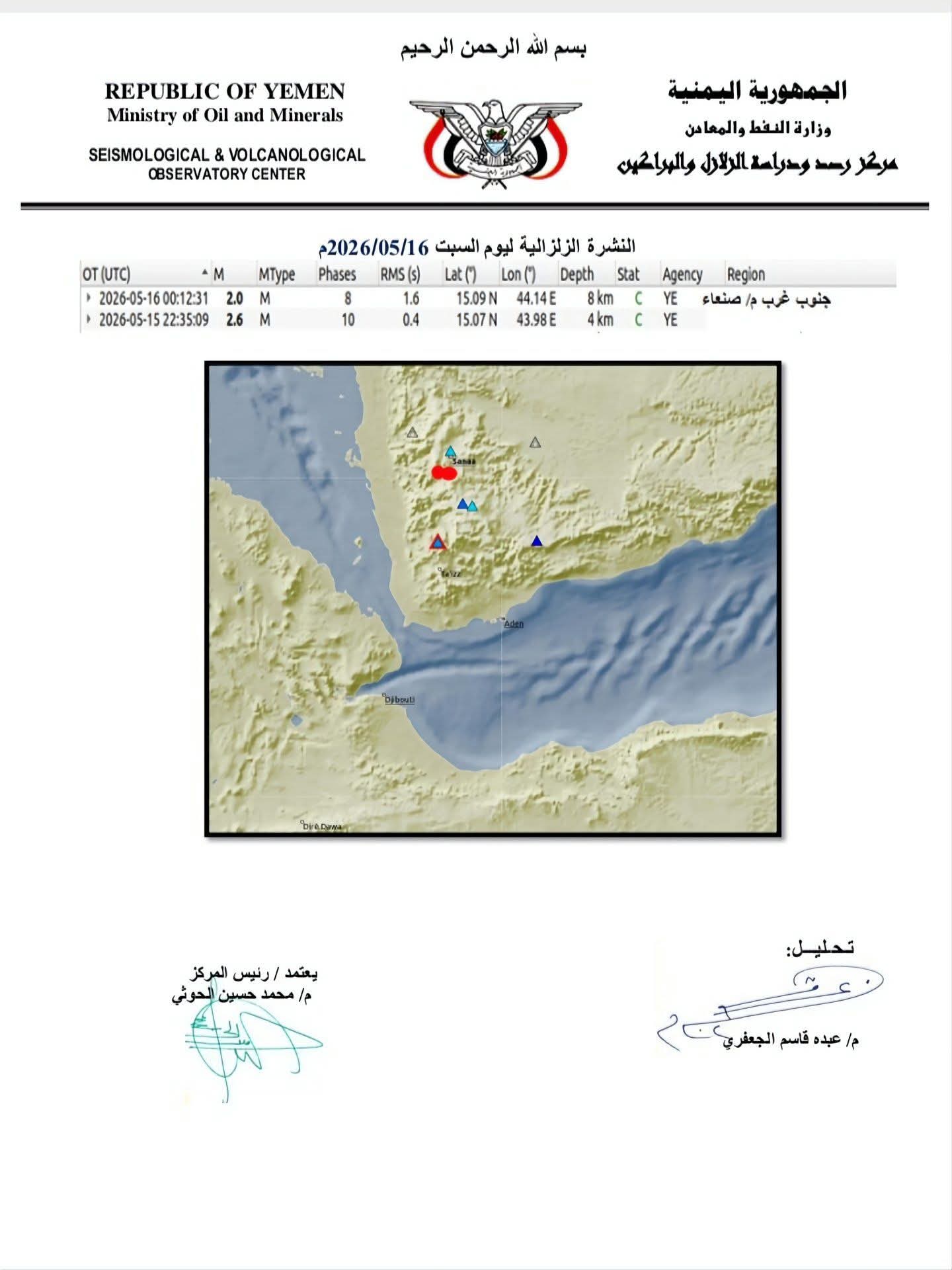 تسجيل هزتين أرضيتين في محافظة صنعاء 2 FB IMG 1778957226027