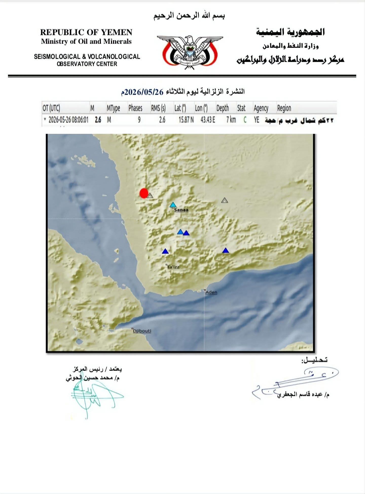 تسجيل هزة أرضية من محافظة حجة 2 FB IMG 1779911388195