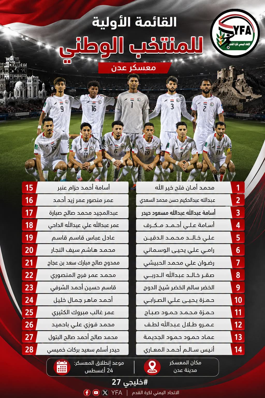 استدعاء 28 لاعباً للقائمة الأولية للمنتخب الوطني الأول في المعسكر الداخلي بعدن 1 FB IMG 1787371196989
