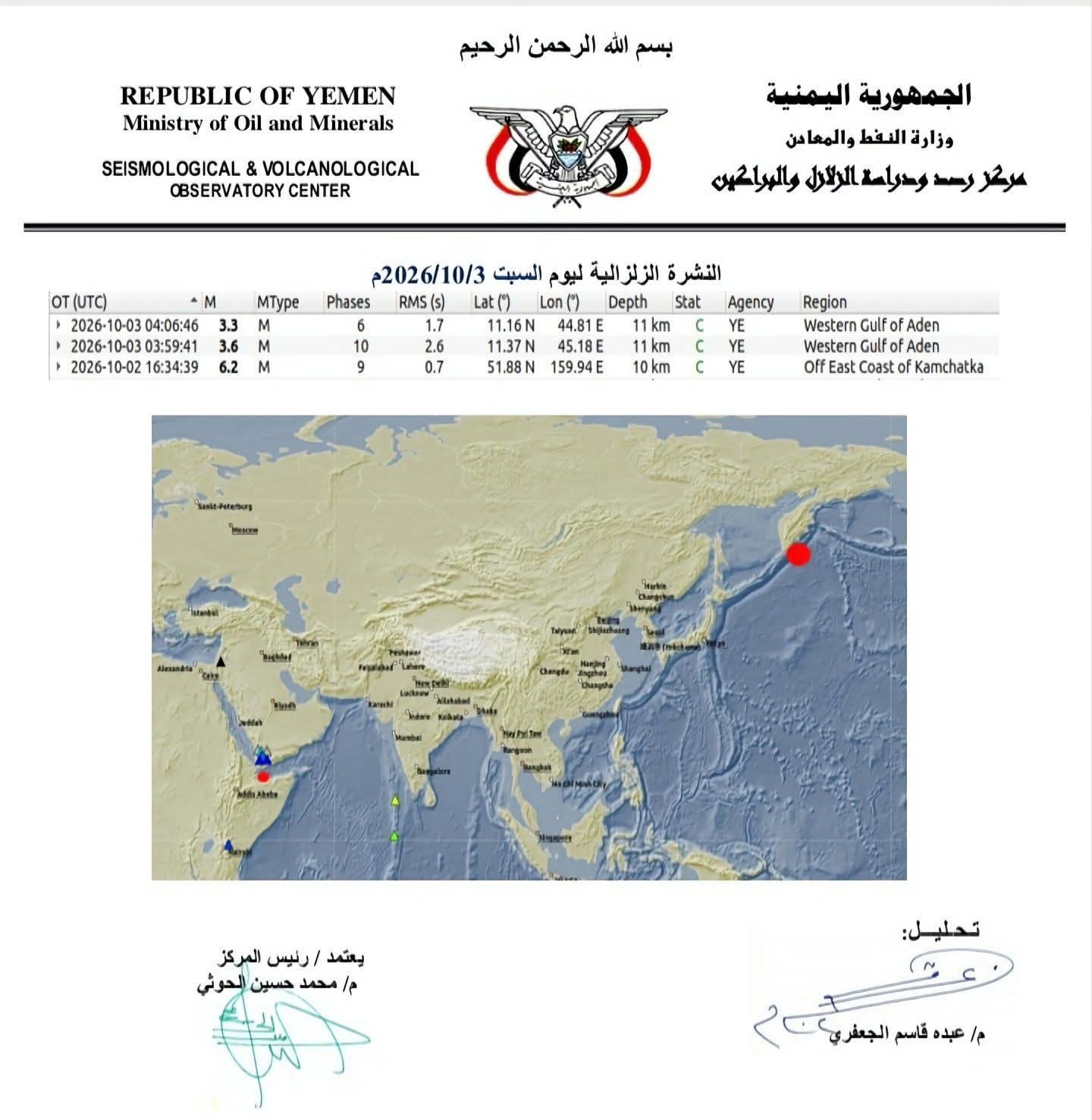 تسجيل هزتين أرضيتين من خليج عدن 2 563
