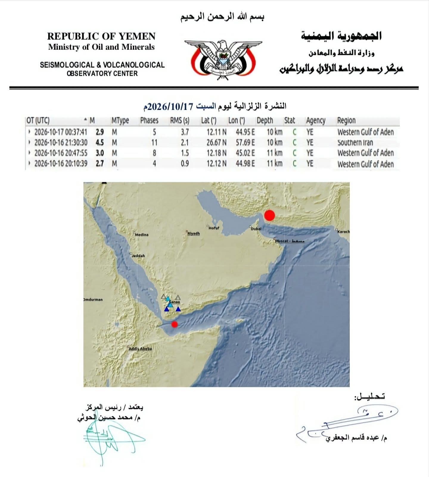 تسجيل ثلاث هزات أرضية من خليج عدن 2 915